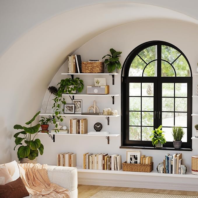 DINZI LVJ Long Wall Shelves, 24 Inch White Floating Shelves Set of 2, Easy-to-Install, Wall Storage Ledges with Sturdy Metal Brackets for Living Room, Bathroom, Bedroom, Kitchen, White