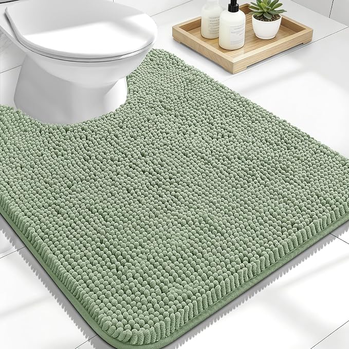 OLANLY Toilet Rugs U-Shaped 24x20, Soft Absorbent Chenille Contour Rugs | Sage Green, Quick-Drying Rubber Backing, Machine Washable Non-Slip Shaggy Bathroom Mat for Toilet, Home Decor Accessories