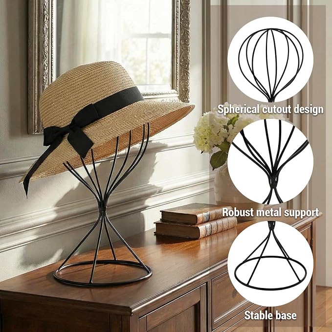 MyGift 2 Pcs Hat Holder Stand, Baseball Cap Organizer Storage, Wig Fedora Display Rack, Black Metal Wire