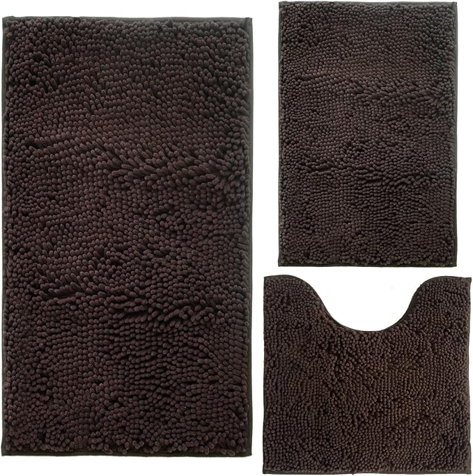 Bathroom Rugs Chenille 3-Piece Extra Soft and Absorbent Shag Bathroom Rugs, Machine Wash Mat, Strong PVC Non-Slip Underside, Plush Carpet Mats (Coffee)