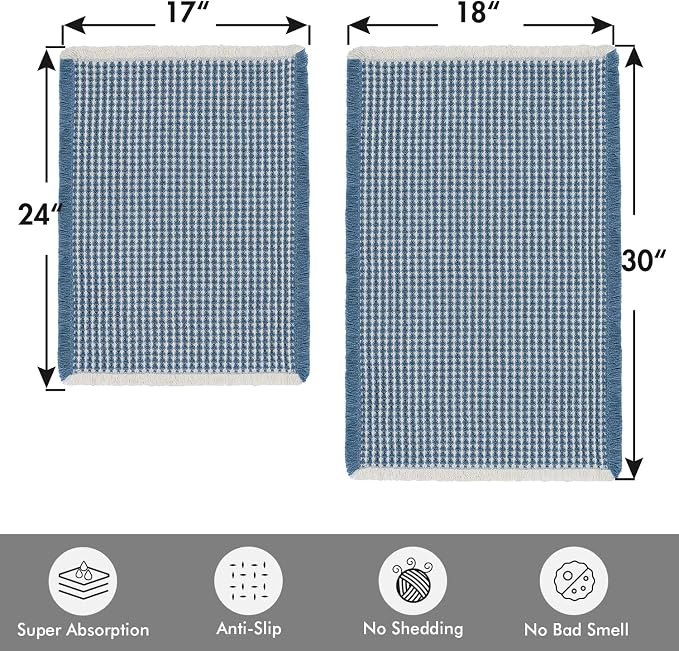 MIULEE Set of 2 Waffle Bathroom Rugs Blue&Cream Bath Mat 17"x24"+18"x30" | Non Slip, Super Absorbent, Washable, Ultra Soft, Rubber Backed, Small Boho Bath Rugs for Bathroom Floor Tub Shower