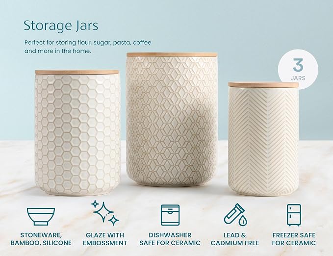 Kook Ceramic Storage Containers, Embossed Pantry & Bathroom Canisters with Airtight Bamboo Lids, Dishwasher Safe Stoneware Jars (40, 65, 100 oz), Set of 3, Narbonne Collection (Ivory)