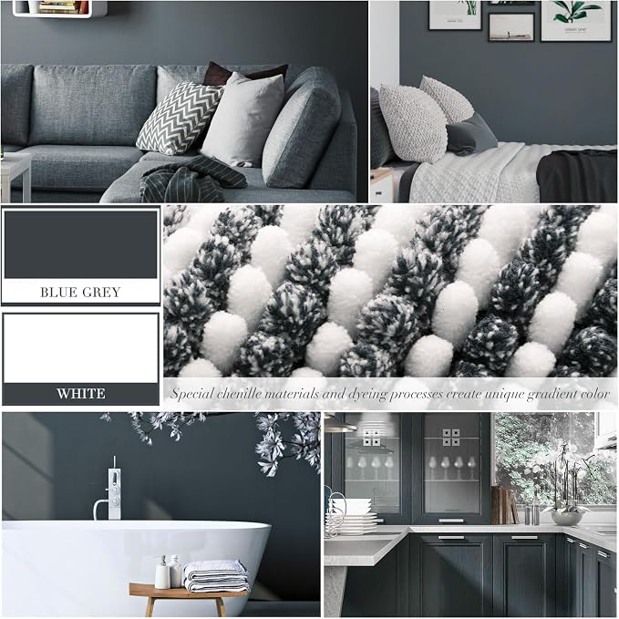 Bathroom Rugs Sets 2 Piece, Non Slip Striped Bath Mats, Blue Grey | 20"x47" Plus 16"x24", Soft Absorbent Chenille, Quick Dry Machine Washable, Shower Rug for Bathroom Floor, Tub, Bedroom Decor