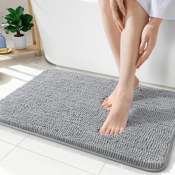 OLANLY Bathroom Rugs 35x24, Extra Soft Absorbent Chenille Bath Rugs | Light Grey, Quick-Drying Rubber Backing, Machine Washable Bath Mat for Bathroom Floor, Tub and Shower, Home Decor Accessories