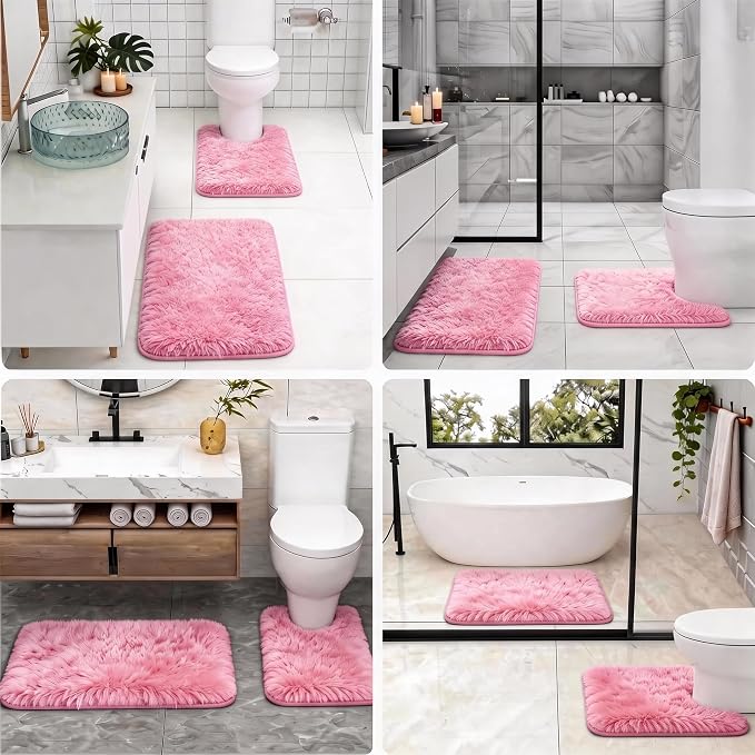 Shaggy Bathroom Rugs Set Plush Velvet Bath Rugs Non-Slip Bath Mat Set 3 Piece,Washable Mats,Absorbent Shaggy Rugs Super Soft U-Shaped Toilet Rug,Bahroom Carpets for Bathroom,Tub,Shower(Light Pink