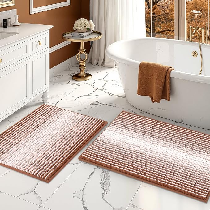 BSICPRO Bathroom Rugs Set 2 Piece, Non Slip Striped Bath Mat, Caramel Brown | 20"x32" Plus 16"x24"，Soft Absorbent Chenille, Quick Dry Machine Washable, Shower Rug for Bathroom Floor, Tub, Bedroom Decor