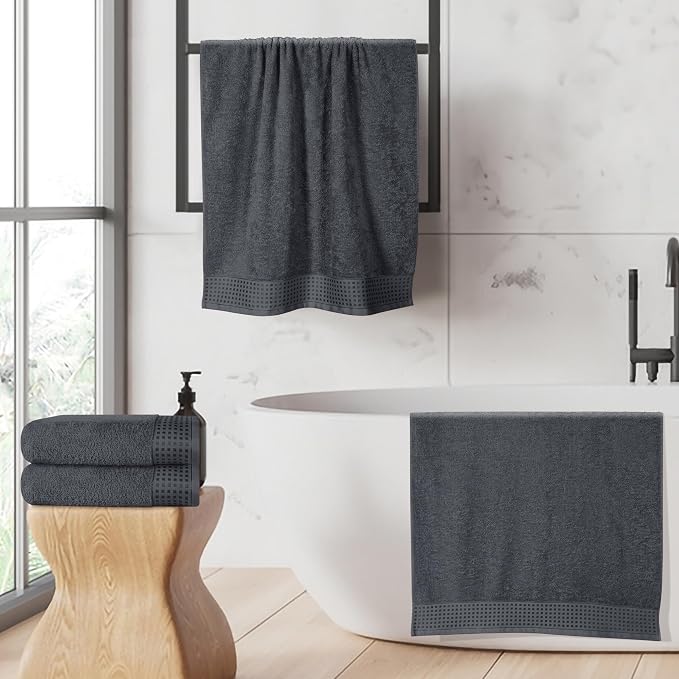 GLAMBURG Ultra Soft 4 Pack Oversized Bath Towel Set 27x54 inches, 100% Cotton Bath Towels, Highly Absorbant Compact Quickdry & Lightweight Towel, Ideal for Gym Travel Camp Pool - Charcoal Grey
