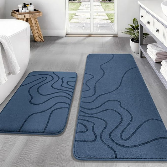 YIHOUSE Memory Foam Bathroom Rugs Sets 2 Piece, 17"x24"+20"x46", Dusty Blue | Ultra Soft, Extra Thick Bath Mat, Absorbent, Non-Slip, Machine Washable, For Tub, Shower & Home Decor Accessories