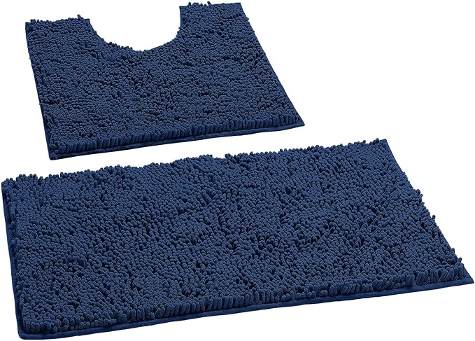 Bathroom Rugs Sets 2 Piece, Luxury Chenille Bath Mat Set, Soft Plush Anti-Slip Bath Rug + U-Shaped Toilet Mat. Microfiber Shaggy Carpet, Super Absorbent. (31''x 20'' Plus 20'' x 20'' U, Blue)