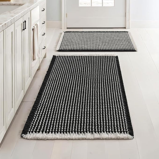 MIULEE Set of 2 Waffle Bathroom Rugs Black&Cream Bath Mat 17"x24"+18"x30" | Non Slip, Super Absorbent, Washable, Ultra Soft, Rubber Backed, Small Boho Bath Rugs for Bathroom Floor Tub Shower