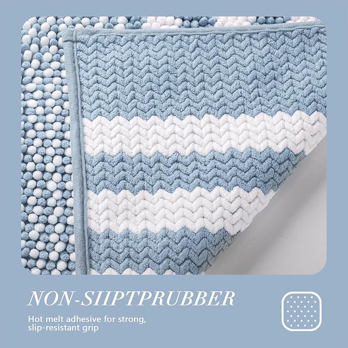 Bathroom Rugs, 20x32 Chenille Bath Mats, Light Blue | Extra Soft Absorbent, Non Slip Striped, Quick Dry Machine Washable, Modern, Shower Rug for Bathroom Bedroom Decor