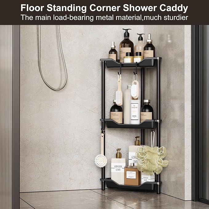 Orimade Rustproof 3 Tier Floor Standing Corner Shower Caddy Organizer, Plastic Metal Splicing Floor Corner Shelf Rack Stands for Bathroom, Black