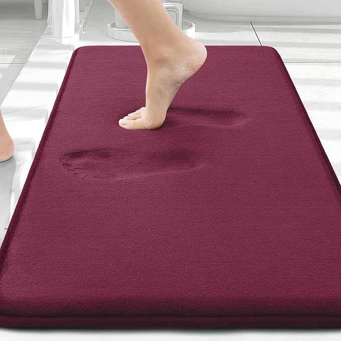 Smiry Memory Foam Bath Mat 30x20, Extra Soft and Absorbent Bathroom Rugs | Burgundy, Quick Dry Machine Washable Non-Slip Bath Mat for Bathroom Floor, Shower and Tub