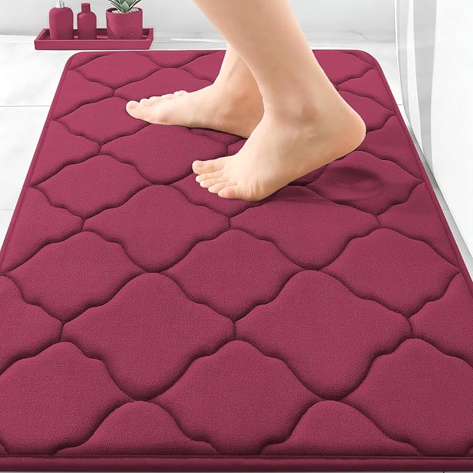 OLANLY Memory Foam Bath Mat Rug 30x20, Ultra Soft Bathroom Rugs, Burgundy | Thick Absorbent Carpet, Non-Slip Backing, Machine Washable, for Bathroom Floor, Tub, Shower and Home Decor Accessories