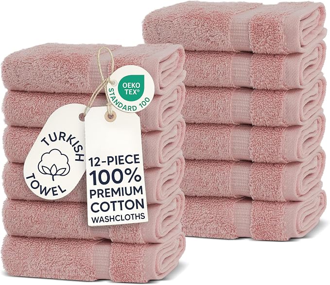 Chakir Turkish Linens 100% Cotton 12-Pack Washcloths 13x13, Pink | 100% cotton washcloths, 12-pack 13x13, OEKO-TEX certified, soft absorbent face towels
