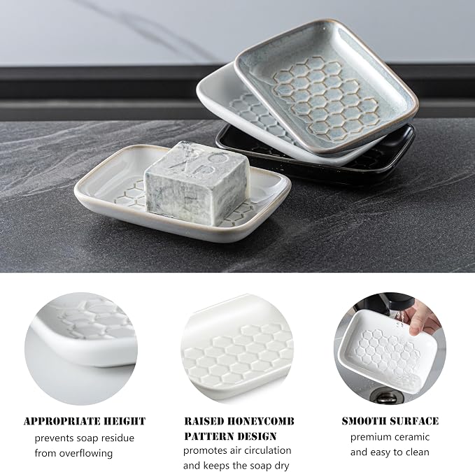 Gomakren Soap Dish for Shower, Ceramic Bar Soap Holder with Honeycomb Design, Soap Saver Tray for Bathroom Kitchen Sink, Sponge & Organizer Tray, Upscale Look, 5.5 Inch, White