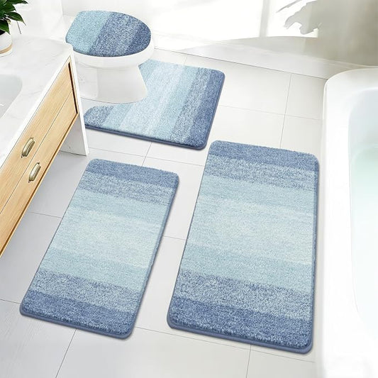 Bsmathom Bathroom Rug Set 4 Piece, Plush Microfiber Bath Mat, Dusty Blue | Super Water Absorbent, Non Slip Machine Washable Bath Rug Sets with Toilet Lid Cover and U-shaped Contour Toilet Mat