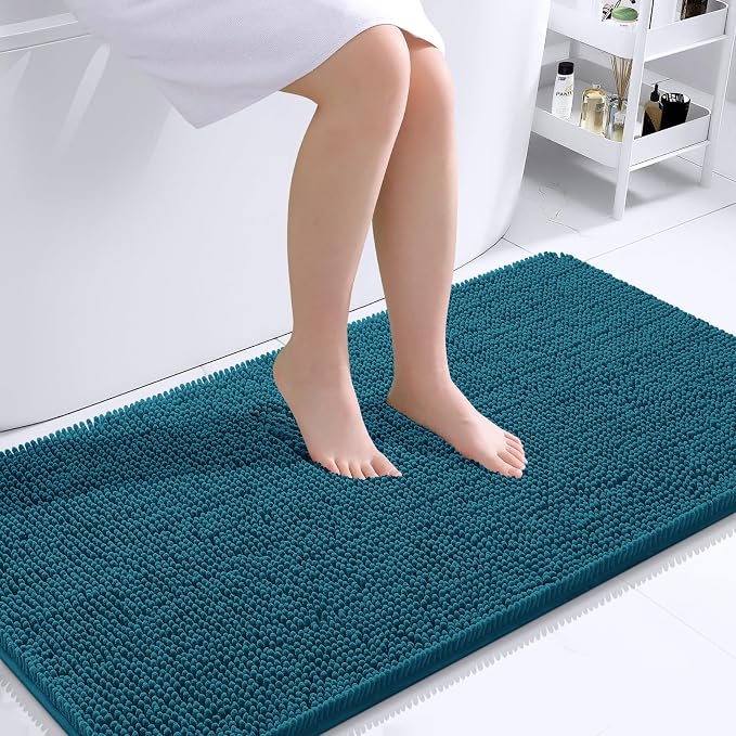 OLANLY Bathroom Runner Rugs 40x24, Extra Soft Absorbent Chenille Bath Rugs | Peacock Blue, Quick-Drying Rubber Backing, Washable Long Bath Mat for Bathroom Floor, Tub and Shower, Home Decor Accessories