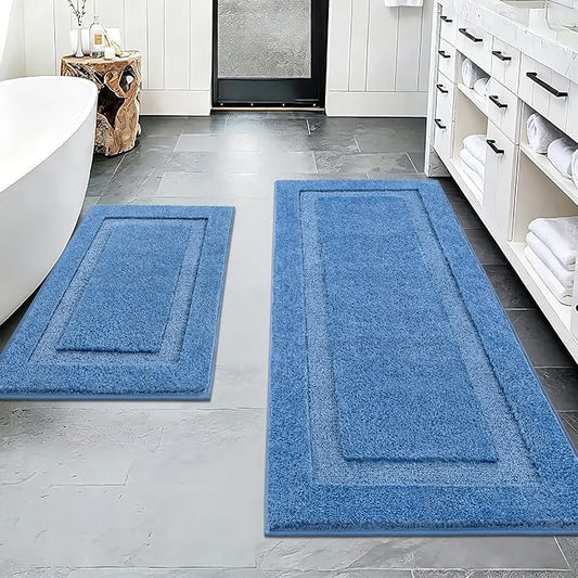 SHACOS Soft Microfiber Bathroom Rugs Set of 2 Pieces, Blue | 47x20 + 32x20, Absorbent Plush Bath Rugs, Non Slip Washable Shaggy Bath Mats, Fluffy Bathroom Runner Floor Mats Shower Rug