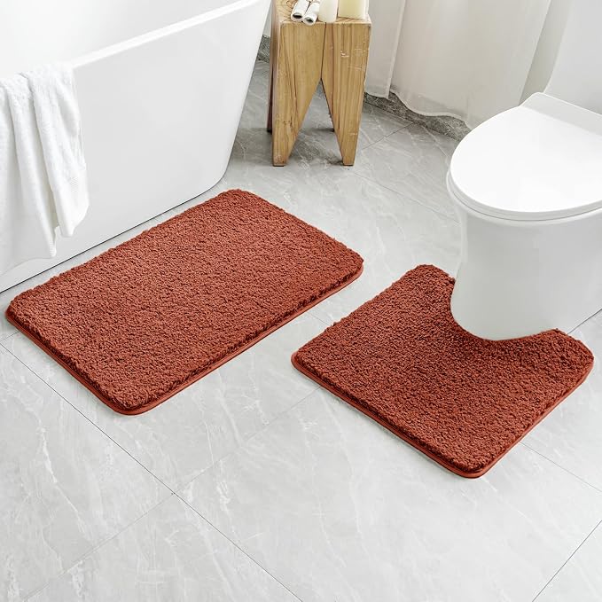 MIULEE Fall Rust Bathroom Rugs Set 2 Piece Soft Bath Mats 20x24+20x30 Inch | Absorbent Microfiber Bath Mat and U-Shaped Toilet Rug, Non Slip, Quick Dry, for Bathroom Floor Tub Showers, Machine Washable