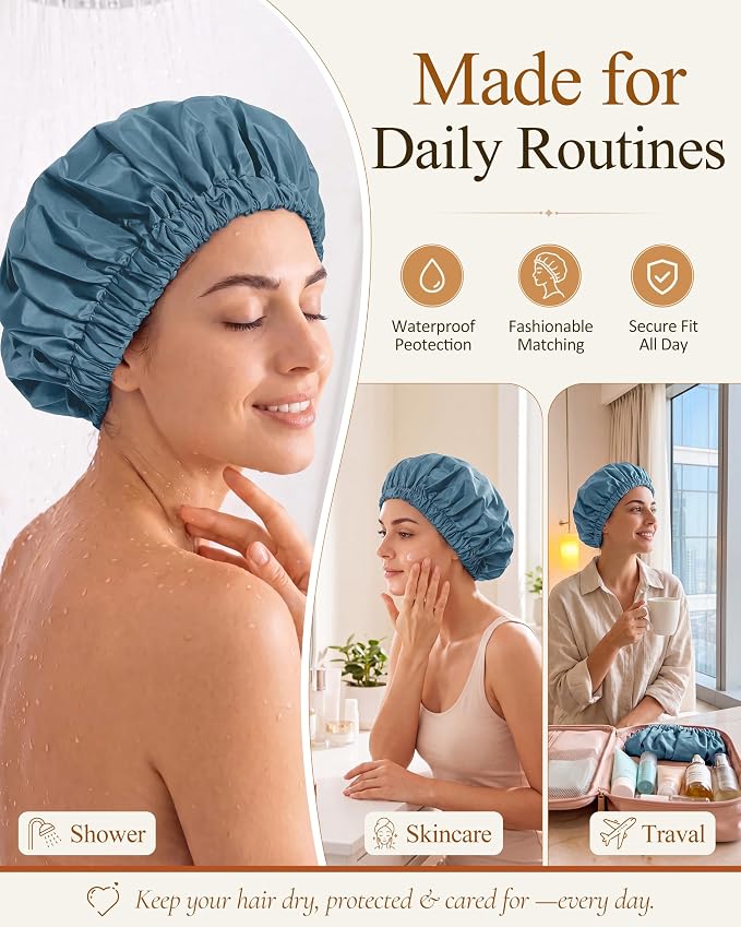 Edoneery Shower Caps for Women Reusable Waterproof, Shower Hair Cap | Washable Bonnet, Wide Elastic Band, Large Fit, Holds Long Hair, Braids Friendly, Bath Accessories, Spa, Travel