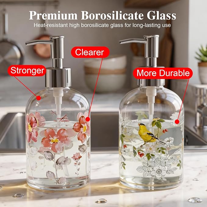 Topadorn Hand and Dish Soap Dispenser Set, 2 Pack 17oz Glass Soap Dispensers with Pump, Refillable Kitchen Soap Bottles, Floral & Goldfinch Decorative Bathroom Counter Decor