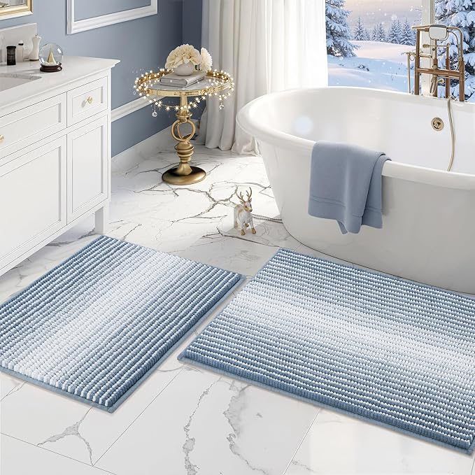 Bathroom Rugs Sets 2 Piece, Non Slip Striped Bath Mats, Fog Blue | 20"x32" Plus 16"x24", Soft Absorbent Chenille, Quick Dry Machine Washable, Shower Rug for Bathroom Floor, Tub, Bedroom Decor