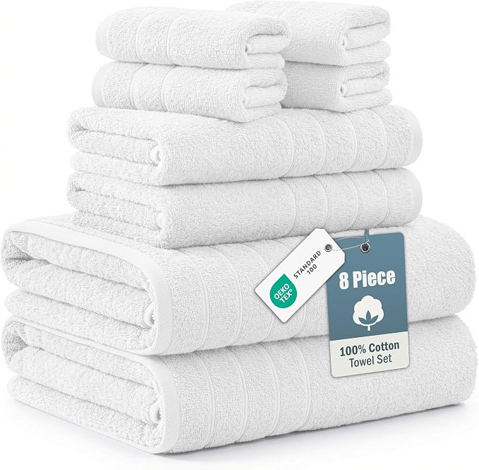 Casa Platino Large Bath Towel Set Absorbent Quick Dry 100% Cotton - White | Cotton Towels - Fade-Resistant Color, Classic Terry Weave, Densely Woven, Coordinated Colors, Dobby Border Accent