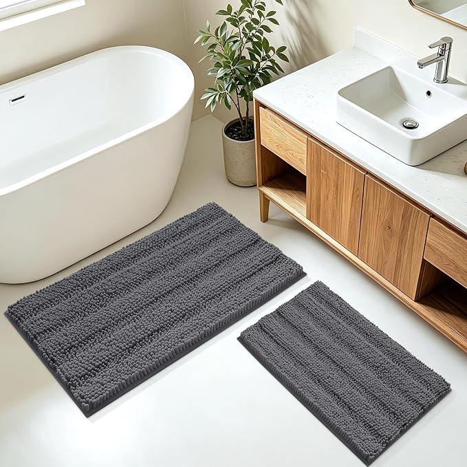 Striped Grey Bathroom Rug Mat Set 2 piece 32"x20"+24"x17" Ultra Soft, Non Slip Chenille Bath Rugs, Absorbent Plush Shaggy Bath Mats for Bathroom, Bedroom, Kitchen, Shower, Tub,Dark Gray, Charcoal