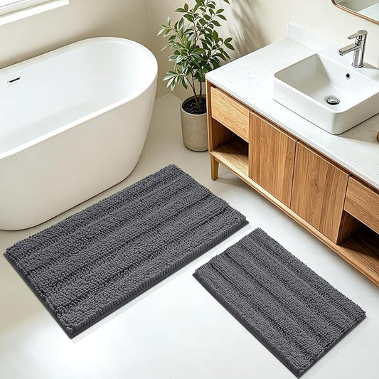 Striped Grey Bathroom Rug Mat Set 2 piece 32"x20"+24"x17" Ultra Soft, Non Slip Chenille Bath Rugs, Absorbent Plush Shaggy Bath Mats for Bathroom, Bedroom, Kitchen, Shower, Tub,Dark Gray, Charcoal