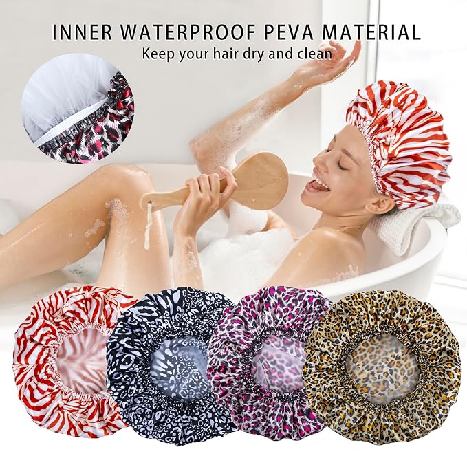 Shower Caps for Women, 4 PCS Reusable Waterproof Bath Cap | Double Layer, Washable, Wide Elastic Band, Holds Long Hair, Caps for Bath Accessories, Spa, Travel Home - Printed Color