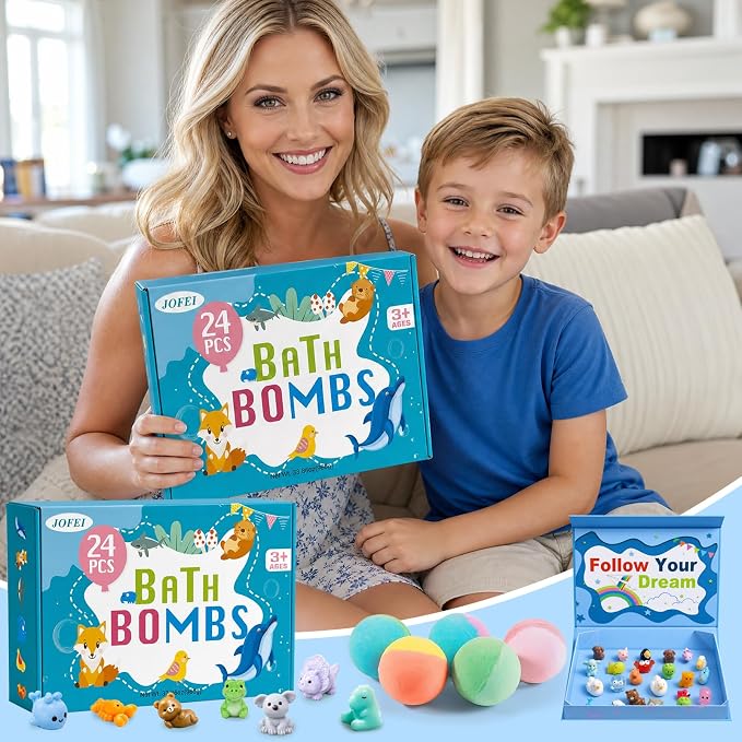 Bath Bombs for Kids with Surprise Inside, 24 Pack Kids Bath Bombs with Toys Inside Gift Set, Kid Bubble Bath Fizzy for Girls Boys with Bath Toys