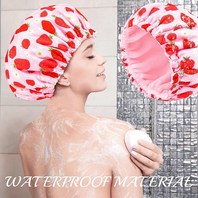 Shower Cap for Women Terry Lined Bath Cap Large Reusable Waterproof Elastic Band Pink Strawberry Shower Caps for Long Thick Hair Soft Bath Shower Hair Caps