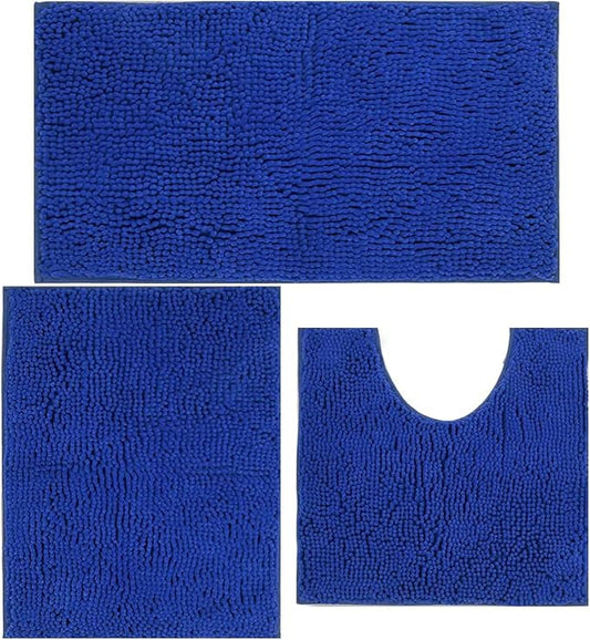 Bathroom Rugs Chenille Bath mat 3 Piece Set, Super Absorbent, Strong PVC Non Slip Backing, Bath mats for Bathroom, Plush Shaggy, Thick, Machine Washable, Bathtub, Toilet, Royal Blue