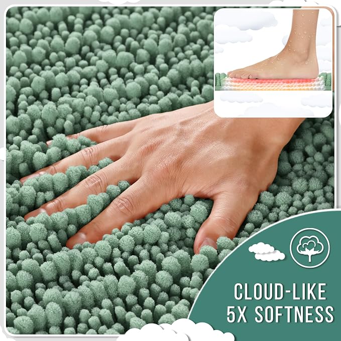 Yimobra Bathroom Rugs Sets 2 Piece - Quick Dry Extra Thick Luxury Chenille Bath Mat, Non Slip Super Absorbent for Tub Shower Sink, Machine Washable Shaggy Floor Mat, 32"x20"+24"x17" Inch, Green