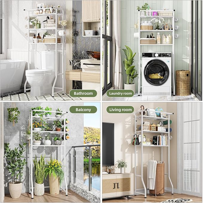 Simple Trending 3 Tier Over The Toilet Storage Rack, Metal Bathroom Shelf, Bathroom Stand Organizer Space Saver with Paper Holder and Hooks, White