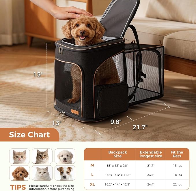 Lekereise Pet Carrier Backpack Expandable Cat Backpack Carrier for Small Dogs Large Cats Puppies, Dog Backpack Carrier for Hiking Travel Outdoor Hold Pets Up to 20 25 Lbs, Black
