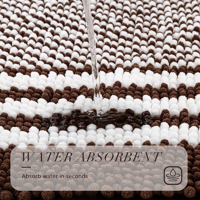 Bathroom Rugs, 17x24 Chenille Bath Mats, Coffee | Extra Soft Absorbent, Non Slip Striped, Quick Dry Machine Washable, Modern，Shower Rug for Bathroom Bedroom Decor