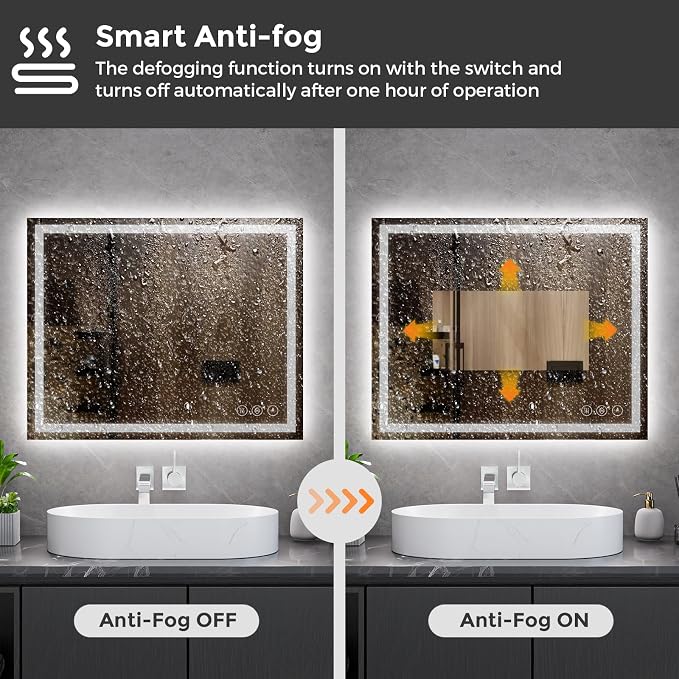 Koonmi 32x30 LED Bathroom Mirror with Light, Anti-Fog, 3 Colors | Backlit + Front Lit, Dimmable Brightness, Shatterproof HD Distortion-Free Tempered Glass, Hardware Included