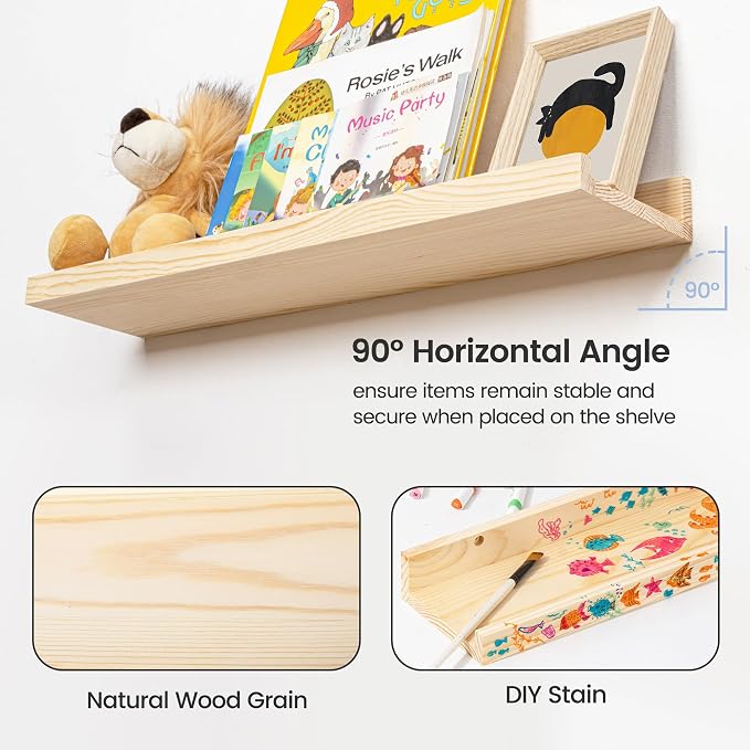 Picture Ledge Shelf for Wall, 16 inch Solid Pine Wood Nursery Book Shelves 2 Packs, Floating Ledge Shelves for Kids' Room Bedroom Bathroom Living Room Photo Frames Office Nursey Wall Decor, Natural