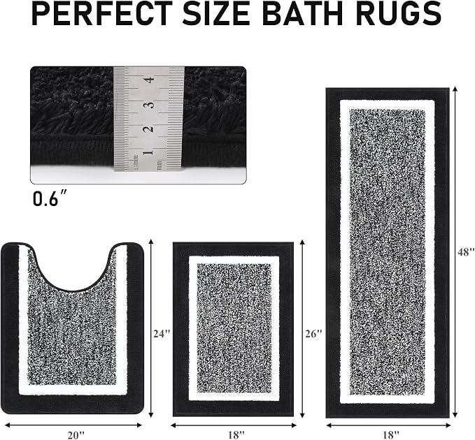 Pauwer Bathroom Rugs 3 Piece Set, Non Slip Washable Bath Mat, Black | Soft Plush Microfiber, Super Absorbent Floor Carpet, U Shaped Toilet Mats, Quick Dry, Shaggy Shower Rugs Runners