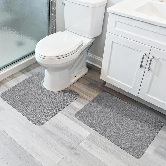 Bosap Bath Mat Set 2 Pieces,Ultra Thin Bathroom Rugs,Rubber Toilet Rugs | Non Slip,Quick Dry,Machine Washable,Low Pile,Absorbent,Shower,Sink,Bathroom Decor.(Grey,17"x27" Plus 20"x24"U Shaped)