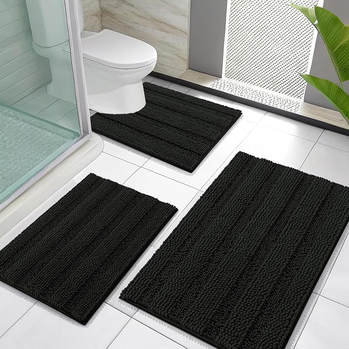OLANLY Thick Chenille Bathroom Rugs Sets 3 Piece, 30"x20"+24"x16"+24"x20" | Black, Absorbent Bath Mats and U-Shaped Contour Toilet Rug, Home Decor Accessories, Bath Mat Set for Bathroom