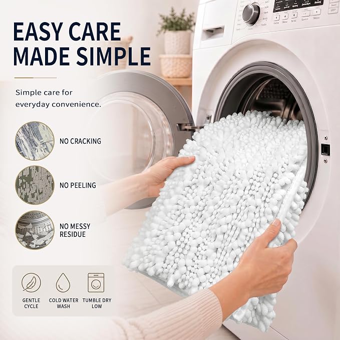 Yimobra Bathroom Rug Set 3 Piece, Super Water Absorbent Bath Mat Set, White | Quick Dry Soft Chenille Bath Rugs & Toilet Rug, Non Slip Machine Washable, Extra Thick Shaggy Floor Mat for Shower Tub Sink