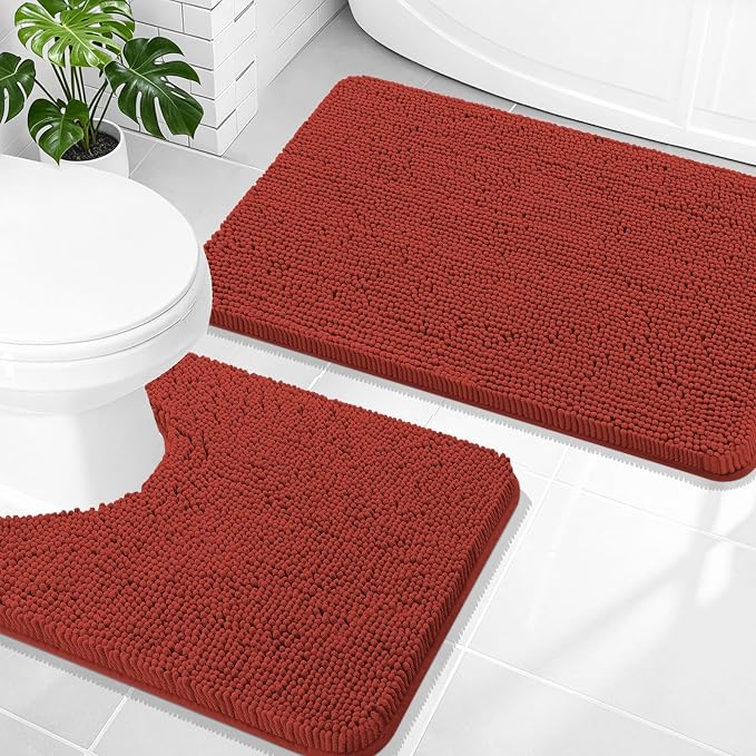 OLANLY Chenille Bath Rugs Sets 2 Piece, 30"x20"+24"x20", Rustic Terracotta | Soft Absorbent Bathroom Mat and U-Shaped Contour Toilet Rug Set, Quick Dry, Machine Washable Carpet, Home Decor Accessories