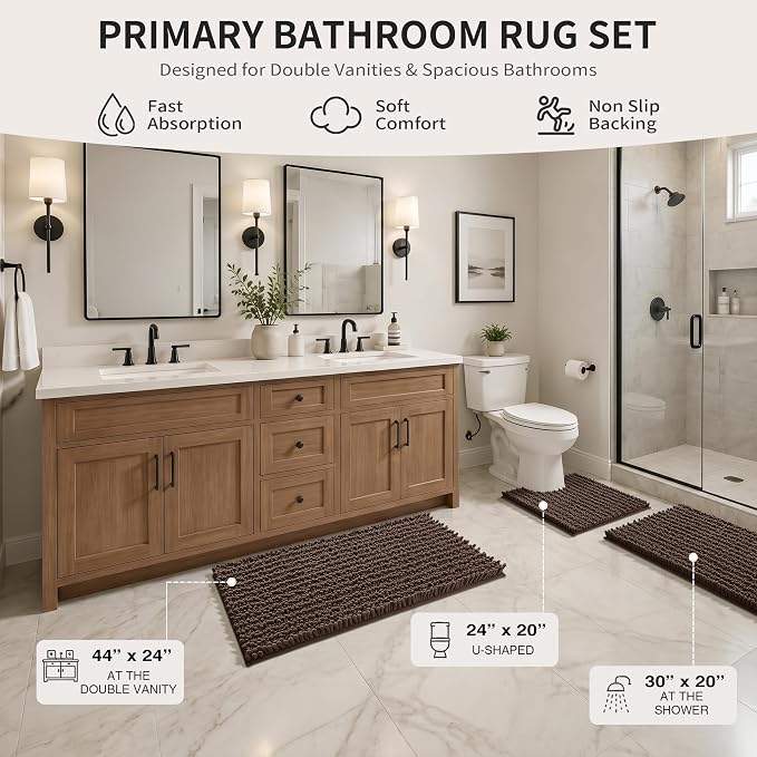 Yimobra Brown Bathroom Rug Set 3 Piece, Super Water Absorbent Bath Mat Set | Quick Dry Soft Chenille Bath Rugs & Toilet Rug, Non Slip Machine Washable, Extra Thick Shaggy Floor Mat for Shower Tub Sink