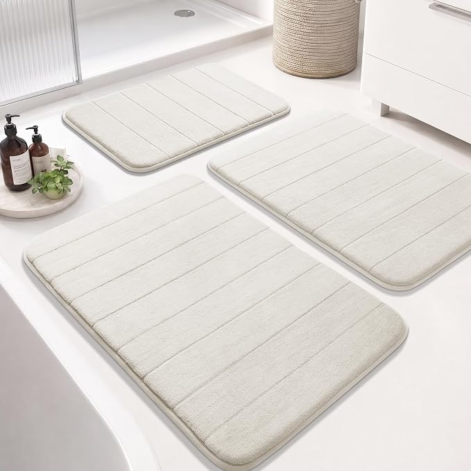 Yimobra Memory Foam Bath Mat Set 3 Pieces- Super Soft Absorbent Quick Dry Bathroom Rug Sets, Machine Washable Non Slip Floor Carpet for Tub Shower, Vanity & Toilet Base, Cream White