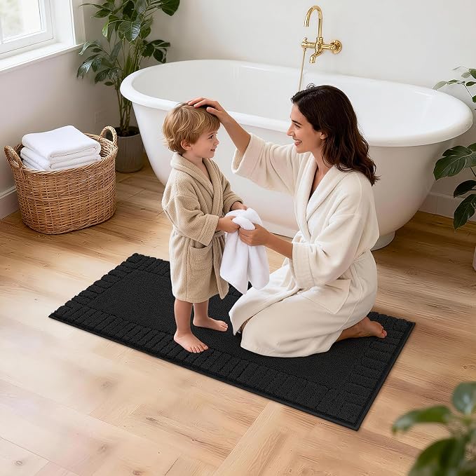 Pauwer Bathroom Rugs Set 5 Piece, Microfiber Bath Mat Set, Black | Non Slip Washable Bath Mat with U Shaped Toilet Rug, Plush Absorbent Shower Rug, Toilet Lid Cover, Quick Dry Floor Carpet