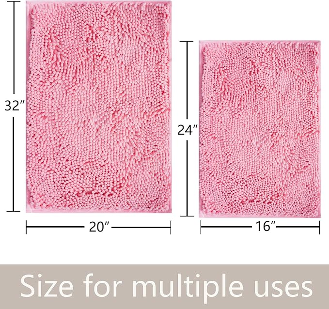 Bathroom Rugs Chenille, Extra Thick and Absorbent, Non-Slip, Machine Washable, Dry Quckily, Soft Cozy Plush, Used Under Shower Bathtub and Sink, Bath mat Sets 2Piece Pink