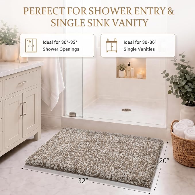 Yimobra Bath Rugs for Bathroom 32X20, Ultra Soft and Water Absorbent Bath Mats, Non Slip Plush Shower Rugs, Microfiber Thick Matts for Bathroom Floor/Tub, Machine Washable, Light Brown and White